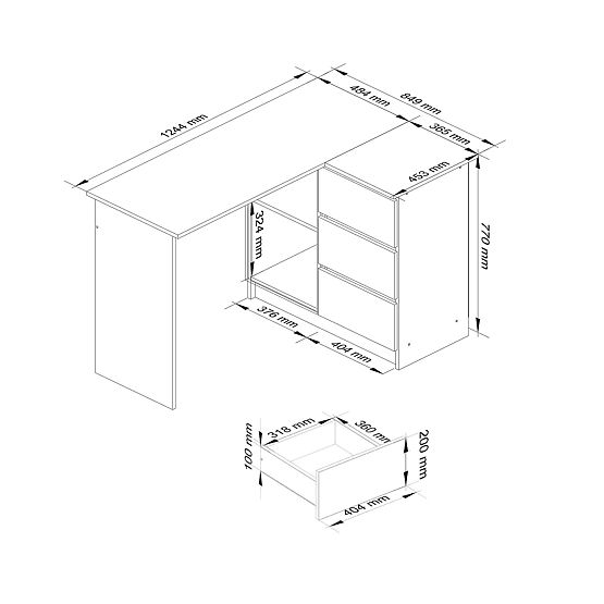 BUREAU D'ANGLE B16 124 cm DROIT 3 TIROIRS PK BLANC / BLANC BRILLANT