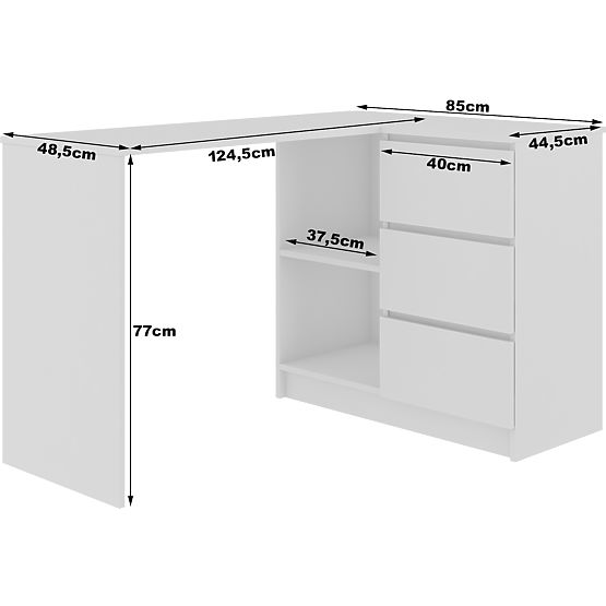 BUREAU D'ANGLE B16 124 cm DROIT 3 TIROIRS PK BLANC / BLANC BRILLANT