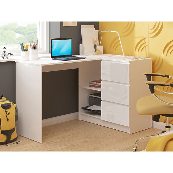 BUREAU D'ANGLE B16 124 cm DROIT 3 TIROIRS PK BLANC / BLANC BRILLANT