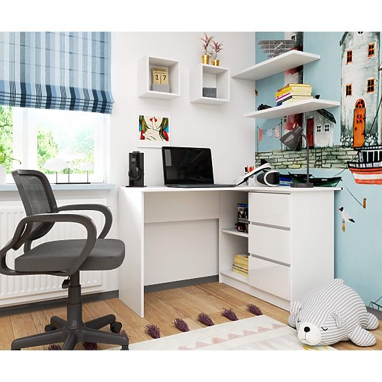 BUREAU D'ANGLE B16 124 cm DROIT 3 TIROIRS PK BLANC / BLANC BRILLANT