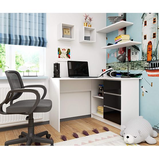 BUREAU D'ANGLE B16 124 cm DROIT 3 TIROIRS PK BLANC / NOIR BRILLANT