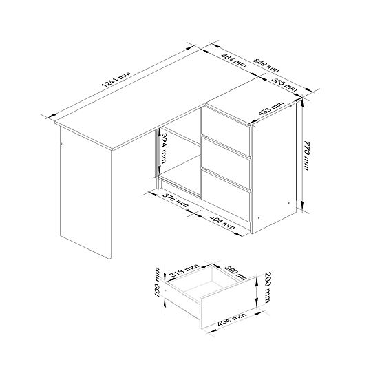 BUREAU D'ANGLE B16 124 cm DROIT 3 TIROIRS PK BLANC / NOIR BRILLANT