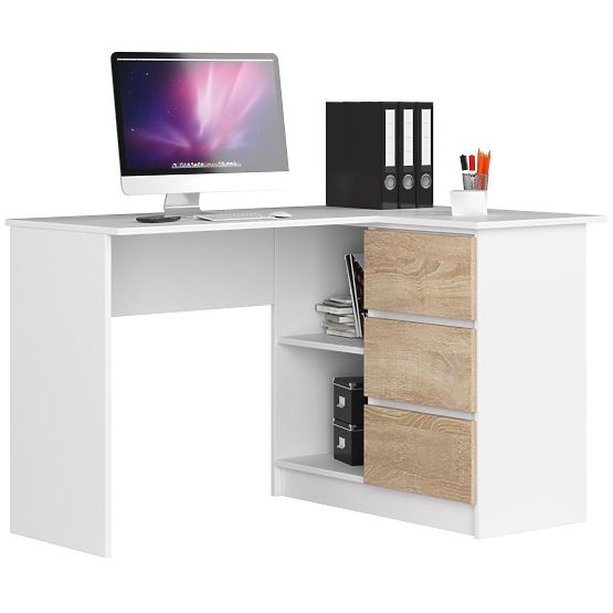 BUREAU D'ANGLE B16 124 cm DROIT 3 TIROIRS PK BLANC / SONOMA