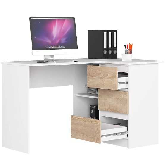 BUREAU D'ANGLE B16 124 cm DROIT 3 TIROIRS PK BLANC / SONOMA