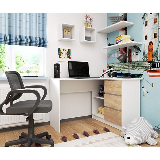 BUREAU D'ANGLE B16 124 cm DROIT 3 TIROIRS PK BLANC / SONOMA