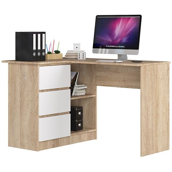 BUREAU D'ANGLE B16 124 cm GAUCHE 3 TIROIRS CHÊNE SONOMA / BLANC
