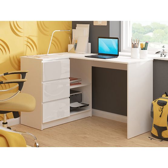 BUREAU D'ANGLE B16 124 cm GAUCHE 3 TIROIRS PK BLANC / BLANC BRILLANT