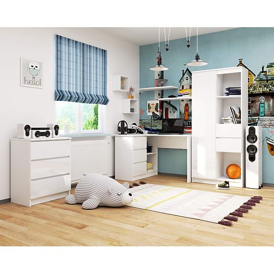 BUREAU D'ANGLE B16 124 cm GAUCHE 3 TIROIRS PK BLANC / BLANC BRILLANT