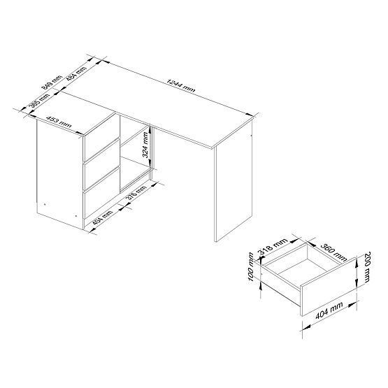 BUREAU D'ANGLE B16 124 cm GAUCHE 3 TIROIRS PK BLANC / BLANC BRILLANT