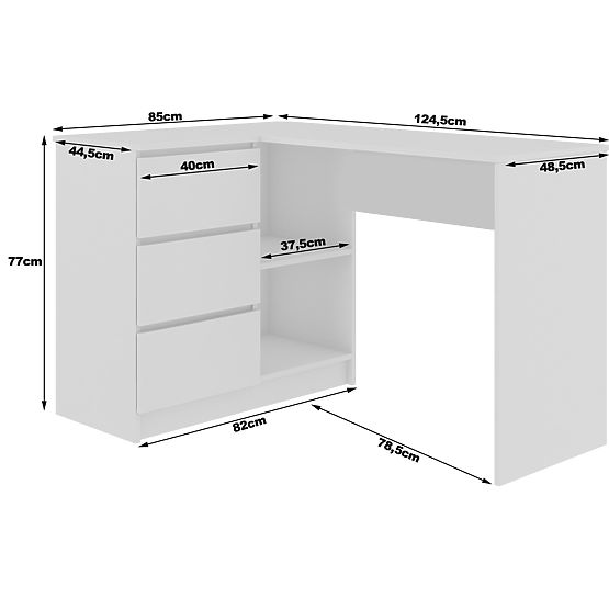 BUREAU D'ANGLE B16 124 cm GAUCHE 3 TIROIRS PK BLANC / SONOMA