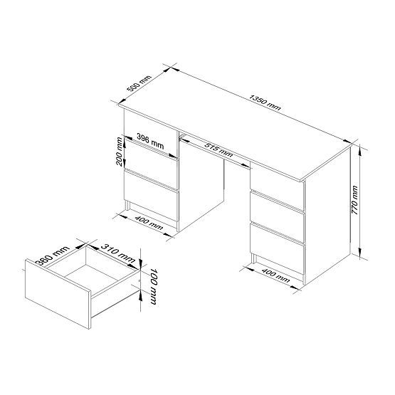 Bureau d'ordinateur A-11 135 cm 6 tiroirs PK blanc-gris graphite