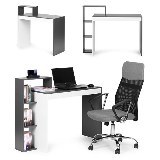 Bureau d'ordinateur blanc-gris + étagère avec 4 tablettes