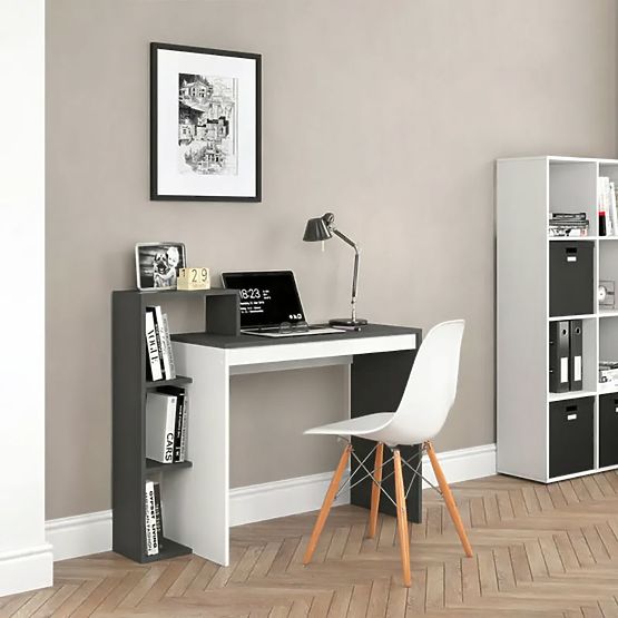 Bureau d'ordinateur blanc-gris + étagère avec 4 tablettes