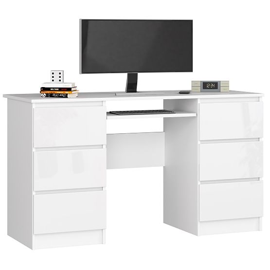 BUREAU INFORMATIQUE A-11 135 cm 6 TIROIRS PK BLANC / BLANC BRILLANT