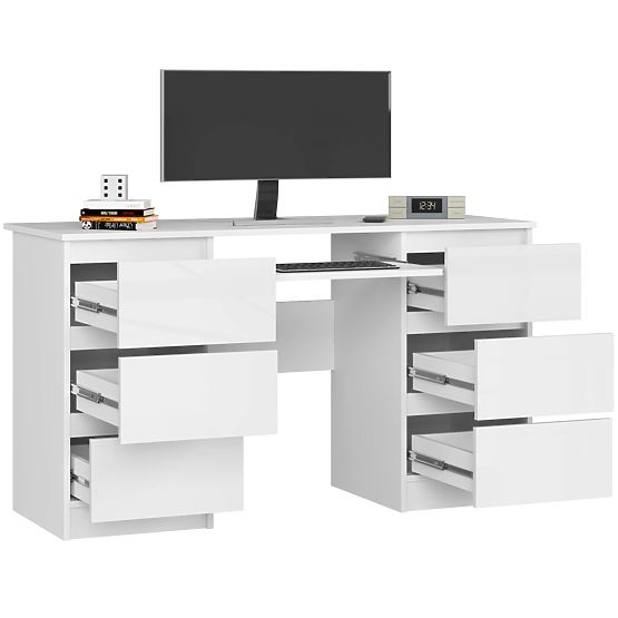 BUREAU INFORMATIQUE A-11 135 cm 6 TIROIRS PK BLANC / BLANC BRILLANT