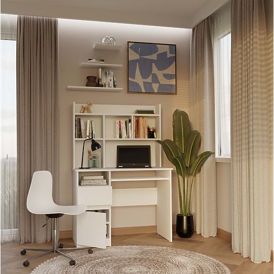Bureau PORTO Droit avec Extension Blanc Mat Tiroir Étagère pour Bureau Chambre