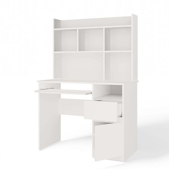 Bureau PORTO Droit avec Extension Blanc Mat Tiroir Étagère pour Bureau Chambre