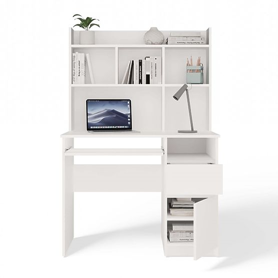 Bureau PORTO Droit avec Extension Blanc Mat Tiroir Étagère pour Bureau Chambre