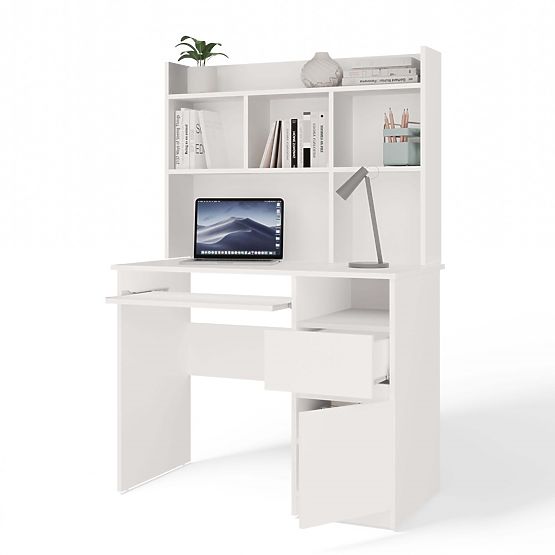 Bureau PORTO Droit avec Extension Blanc Mat Tiroir Étagère pour Bureau Chambre