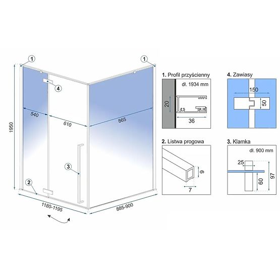 Cabine de douche d'angle Rea Fargo 120x90 Or