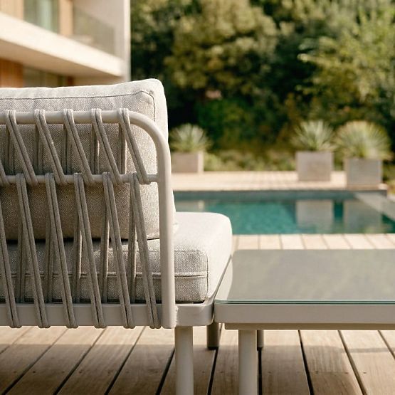 Canapé d'angle de jardin avec table Amarello, aluminium, tressé, beige clair/beige-gris