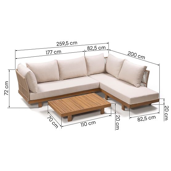 Canapé d'angle de jardin avec table Borgetto, tissage, bois d'acacia FSC, aspect teck, clair