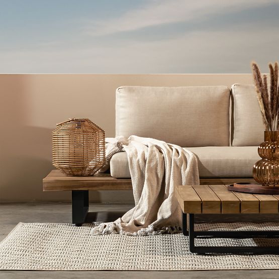 Canapé d'angle de jardin avec table Borgo, bois d'acacia FSC, aspect teck, beige