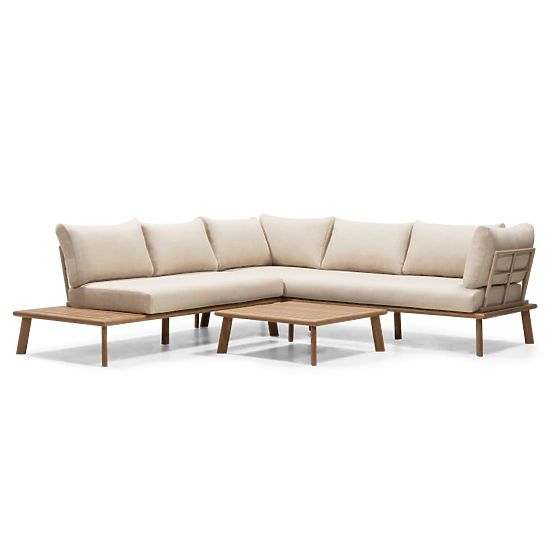 Canapé d'angle de jardin avec table Penne, bois d'eucalyptus FSC, beige