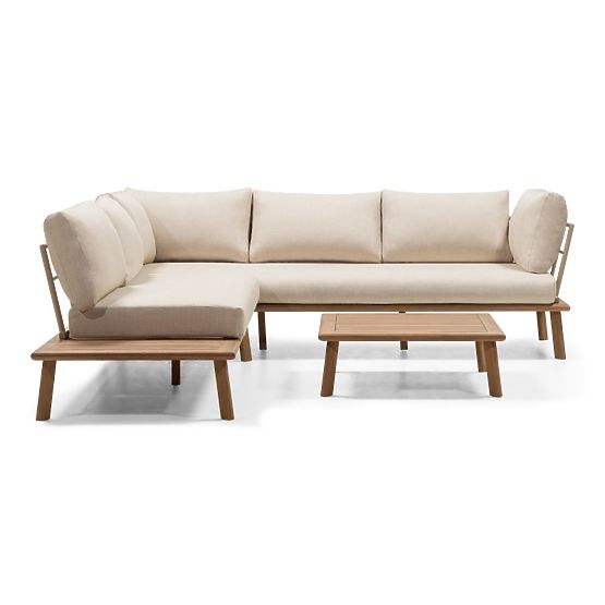 Canapé d'angle de jardin avec table Penne, bois d'eucalyptus FSC, beige