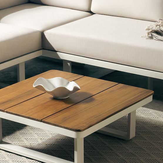 Canapé d'angle de jardin avec table Porticato, bois d'acacia FSC, aspect teck, beige clair