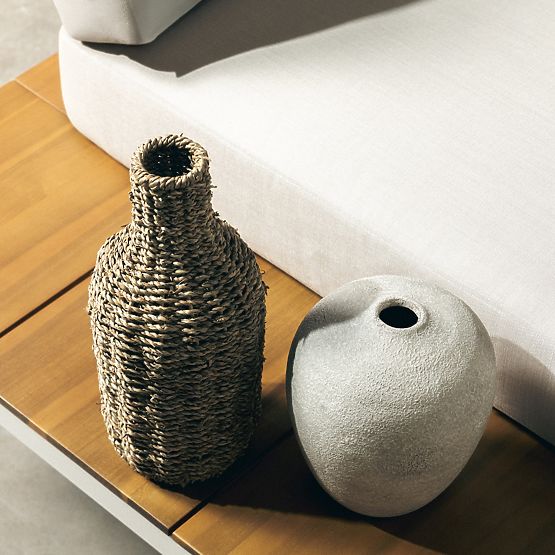 Canapé d'angle de jardin avec table Porticato, bois d'acacia FSC, aspect teck, beige clair