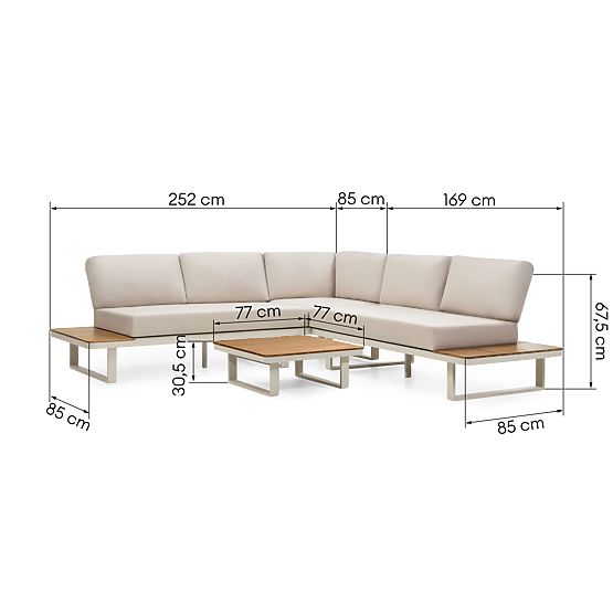 Canapé d'angle de jardin avec table Porticato, bois d'acacia FSC, aspect teck, beige clair