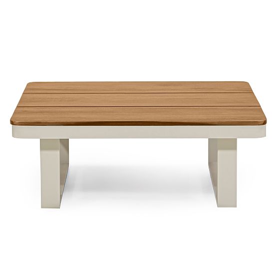 Canapé d'angle de jardin avec table Porticato, bois d'acacia FSC, aspect teck, beige clair