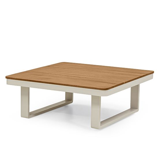 Canapé d'angle de jardin avec table Porticato, bois d'acacia FSC, aspect teck, beige clair