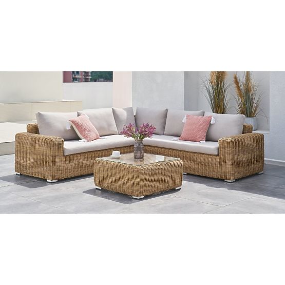 Canapé d'angle de jardin avec table Sandy, résine tressée, beige