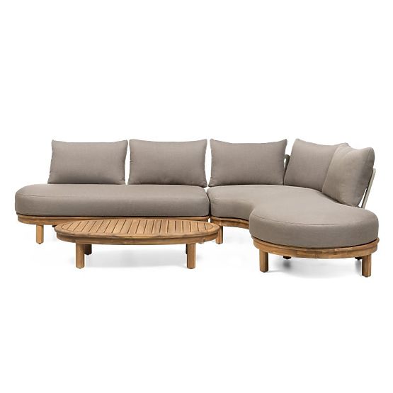 Canapé d'angle de jardin avec table Summerland, bois d'acacia, aspect teck, brun-gris, forme arrondi
