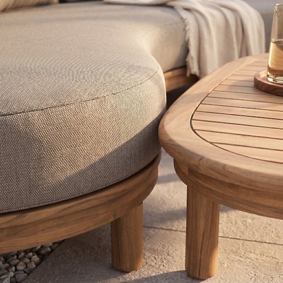 Canapé d'angle de jardin avec table Summerland, bois d'acacia, aspect teck, brun-gris, forme arrondi