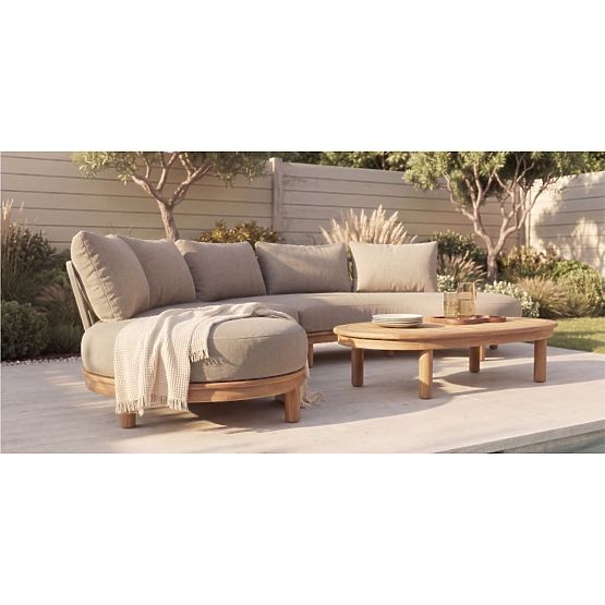 Canapé d'angle de jardin avec table Summerland, bois d'acacia, aspect teck, brun-gris, forme arrondi