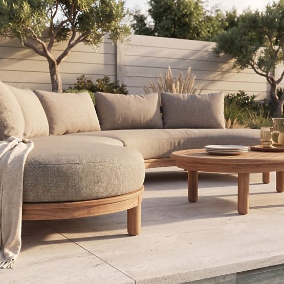 Canapé d'angle de jardin avec table Summerland, bois d'acacia, aspect teck, brun-gris, forme arrondi