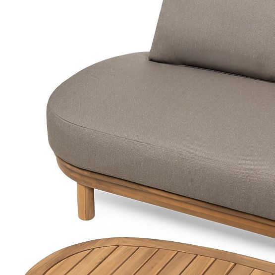 Canapé d'angle de jardin avec table Summerland, bois d'acacia, aspect teck, brun-gris, forme arrondi