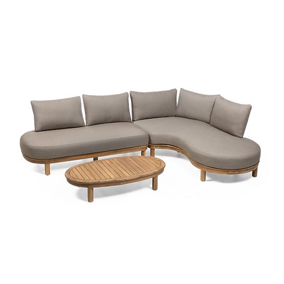 Canapé d'angle de jardin avec table Summerland, bois d'acacia, aspect teck, brun-gris, forme arrondi
