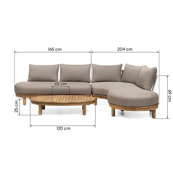 Canapé d'angle de jardin avec table Summerland, bois d'acacia, aspect teck, brun-gris, forme arrondi