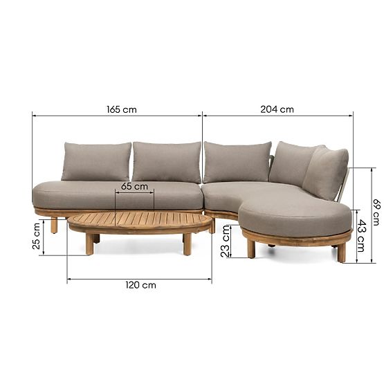 Canapé d'angle de jardin avec table Summerland, bois d'acacia, aspect teck, brun-gris, forme arrondi