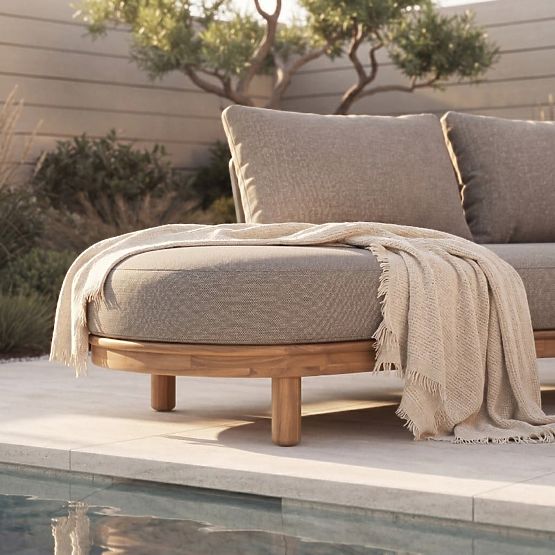 Canapé d'angle de jardin avec table Summerland, bois d'acacia, aspect teck, brun-gris, forme arrondi
