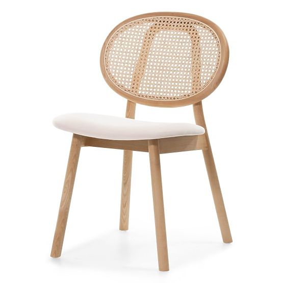 Chaise en bois Monet avec cannage viennois, rotin, velours, naturel/beige clair