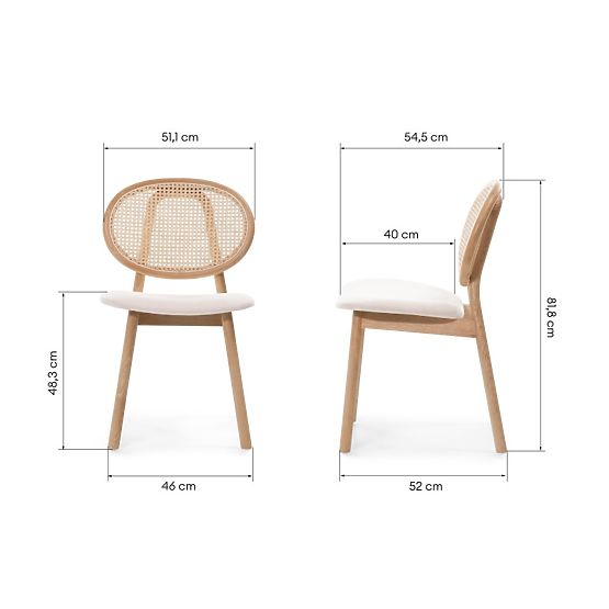 Chaise en bois Monet avec cannage viennois, rotin, velours, naturel/beige clair