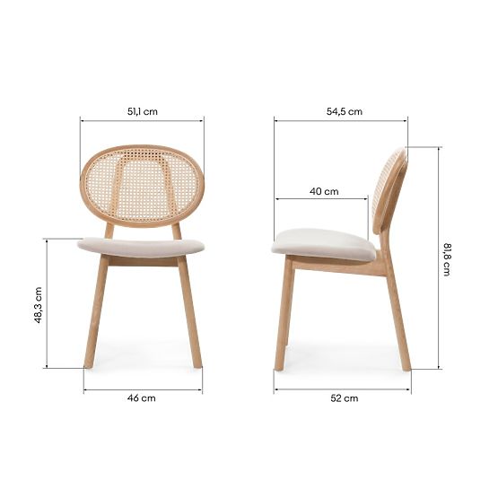 Chaise en bois Monet avec cannage viennois, rotin, velours, naturel/marron clair