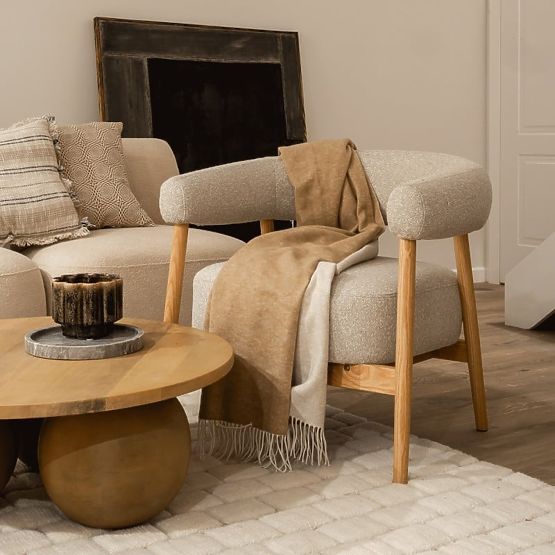 Chaise/fauteuil rembourré Montepulciano, beige clair/bois de chêne, arrondi