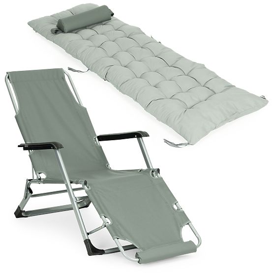Chaise longue de jardin 2 en 1 avec coussin et repose-pieds réglable gris MultiGarden