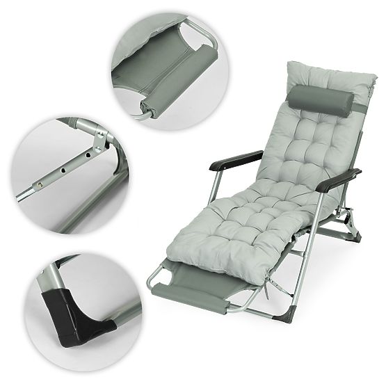Chaise longue de jardin 2 en 1 avec coussin et repose-pieds réglable gris MultiGarden